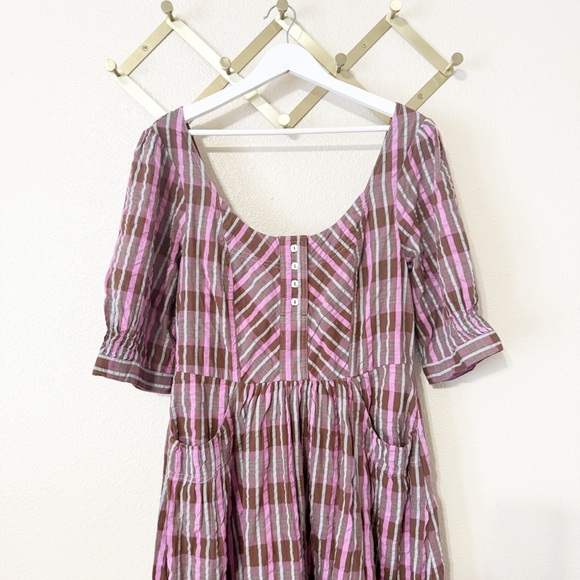 NEW Free People Tulie Plaid Midi Button Front Puff Sleeve Dress Pink Brown Combo - Picture 6 of 10